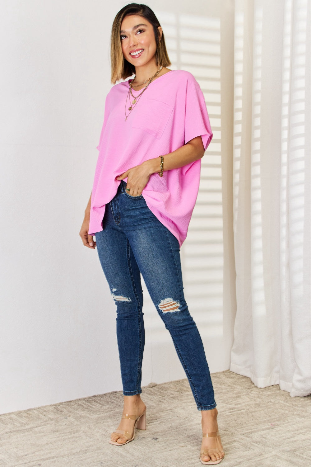 Woven Airflow V-Neck Dolman Short Sleeve Top