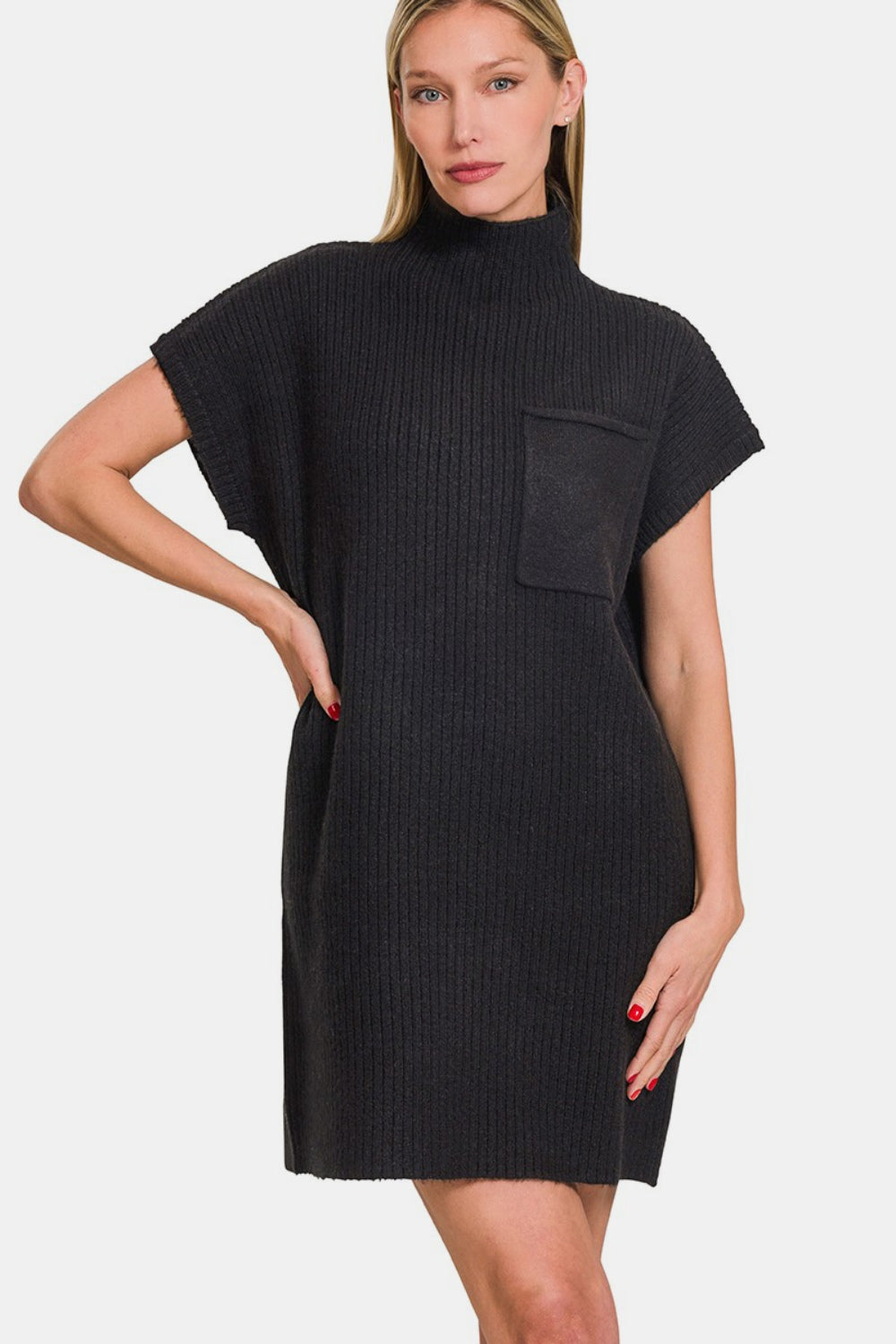 Mock Neck Short Sleeve Sweater Dress With Pocket