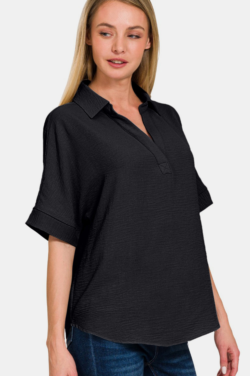 Woven Airflow Collared V-Neck Short Sleeve Top