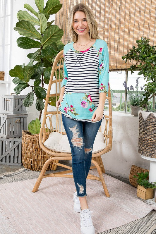 Floral Stripe Kangaroo Pocket Tunic Top