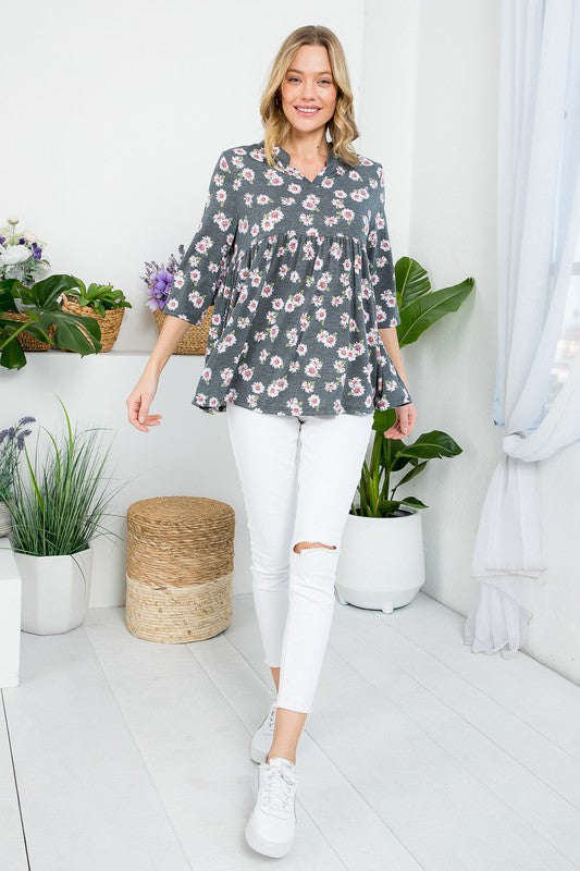 Plus Floral Split Neckline Babydoll Tunic