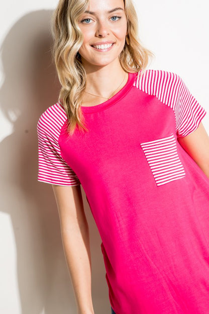 Plus Stripe Raglan Sleeve Pocket Tee