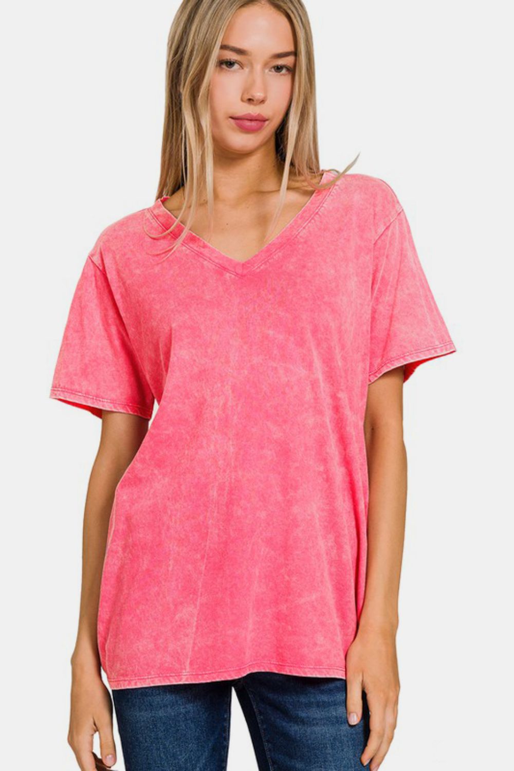 Washed Short Sleeve V-Neck Top