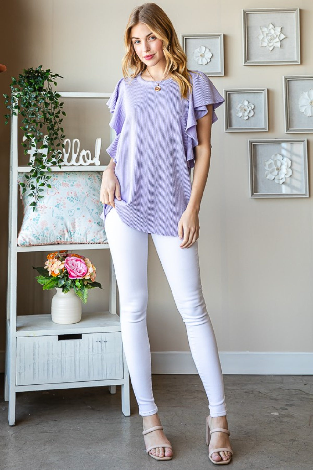 Lavender Ruffled Sleeve Ribbed Top