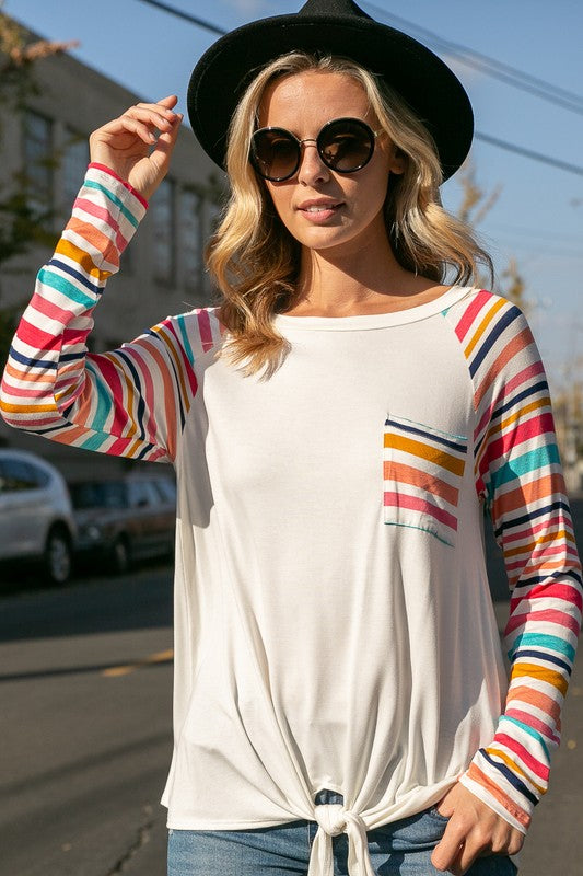 Plus Striped Raglan Pocket Front Tie Top