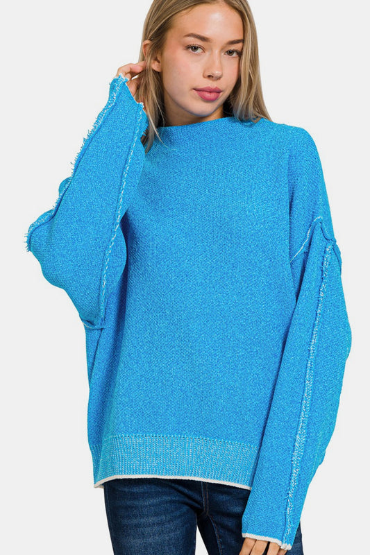 Oversized Mock Neck Raw Seam Chenille Sweater