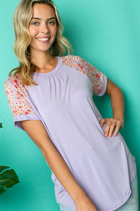 Solid Floral Mixed Raglan Short Sleeve Top