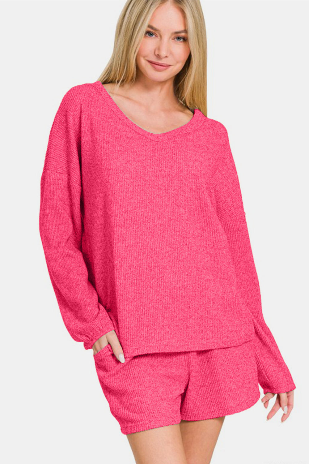 Brushed Ribbed Hacci V-Neck Long Sleeve Tee & Shorts Set