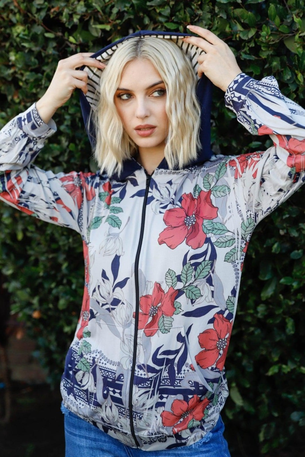 Floral zip up hoodie sale