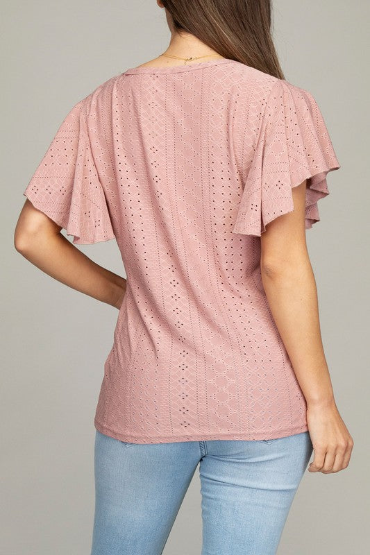 Embroidered Eyelet Flutter Sleeve Top