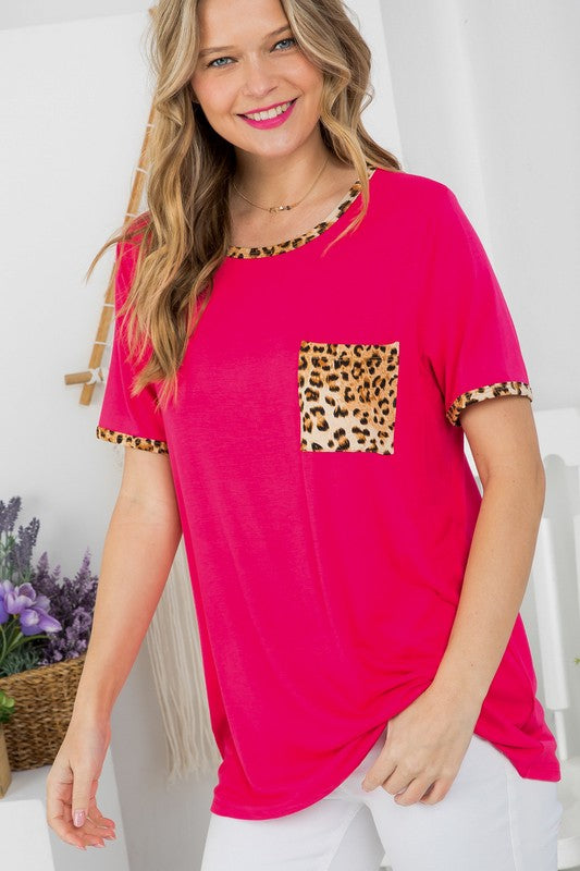 Plus Solid Leopard Contrast Pocket Tee