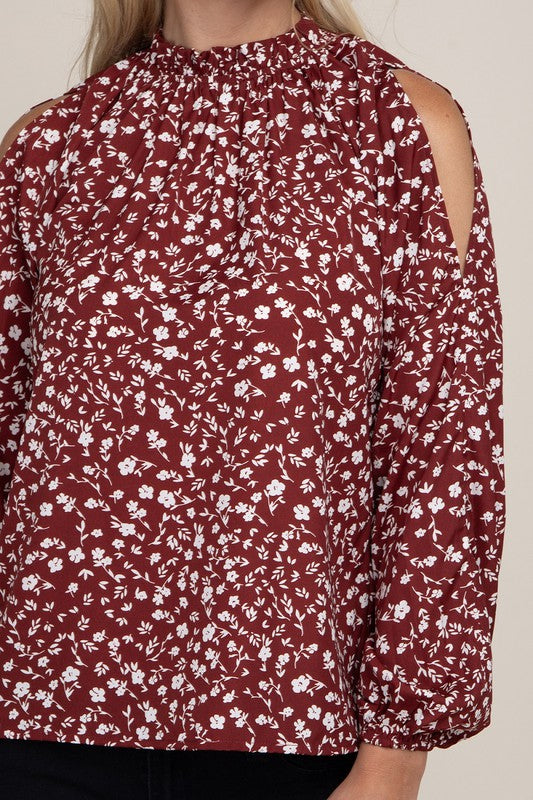 Burgundy Ditsy Floral Split Sleeve Blouse