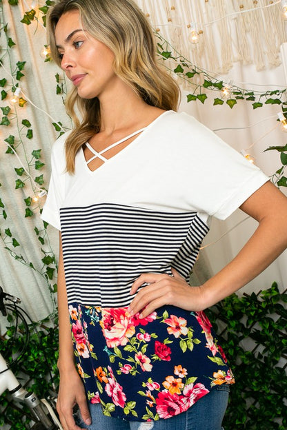 Stripe Floral Lace Up V-Neck Top