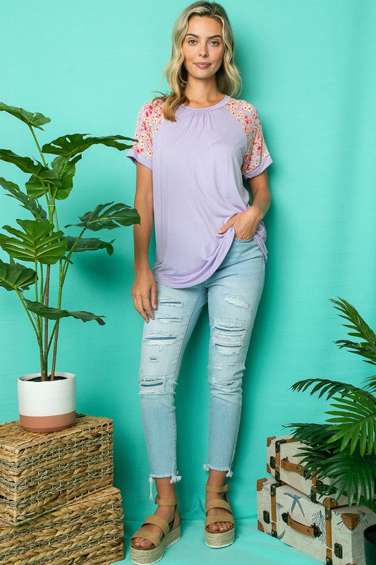 Solid Floral Mixed Raglan Short Sleeve Top