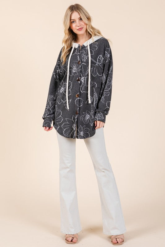 Black Flower Print Drawstring Hooded Button Up Shacket