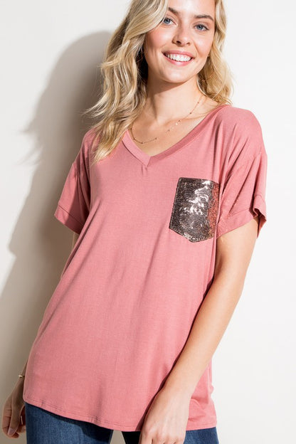 Plus Solid Sequin Pocket Boxy Tee