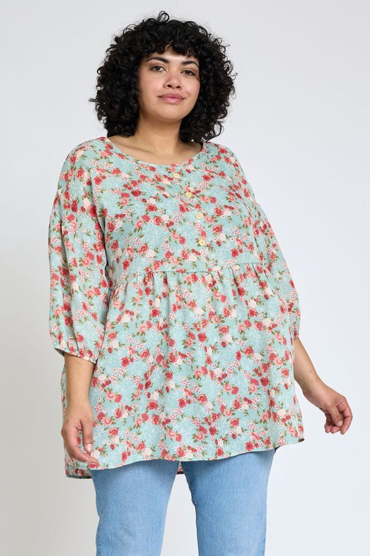 Ditsy Floral Button Babydoll Tunic Blouse