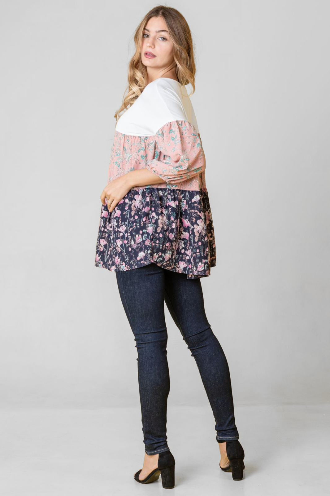 Plus Paisley Floral Bubble Sleeve Tiered Tunic