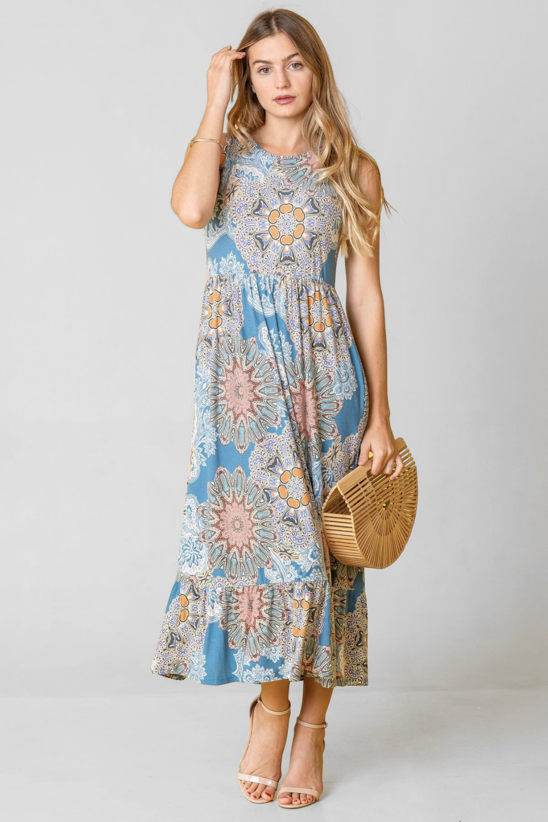 Print Sleeveless Ruffled Hem Tea-Length Dress