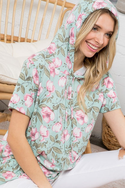 Floral Short Sleeve Hooded Sweatshirt Top