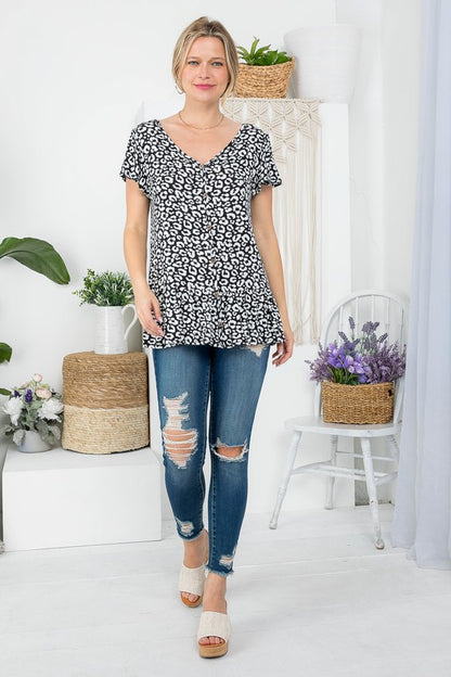 Cheetah Button Ruffle Tunic Top