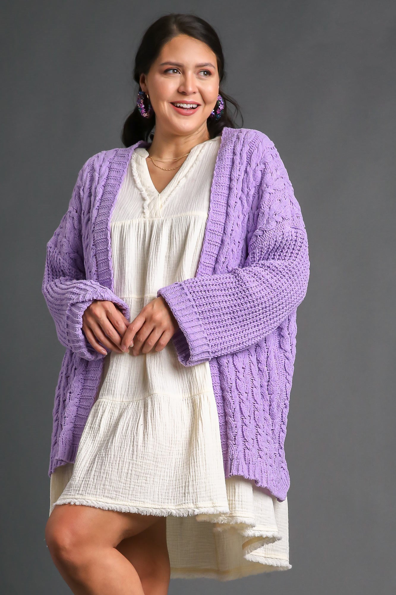 Lilac Cable Knit Open Front Cardigan