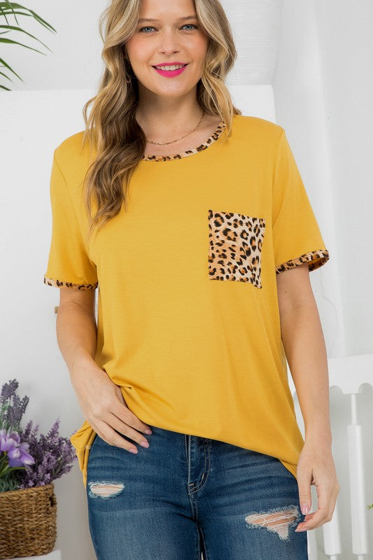 Plus Solid Leopard Contrast Pocket Tee