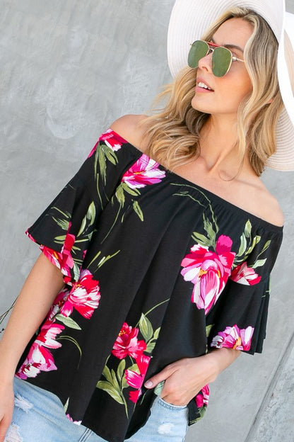 Plus Floral Off Shoulder Ruffle Sleeve Top