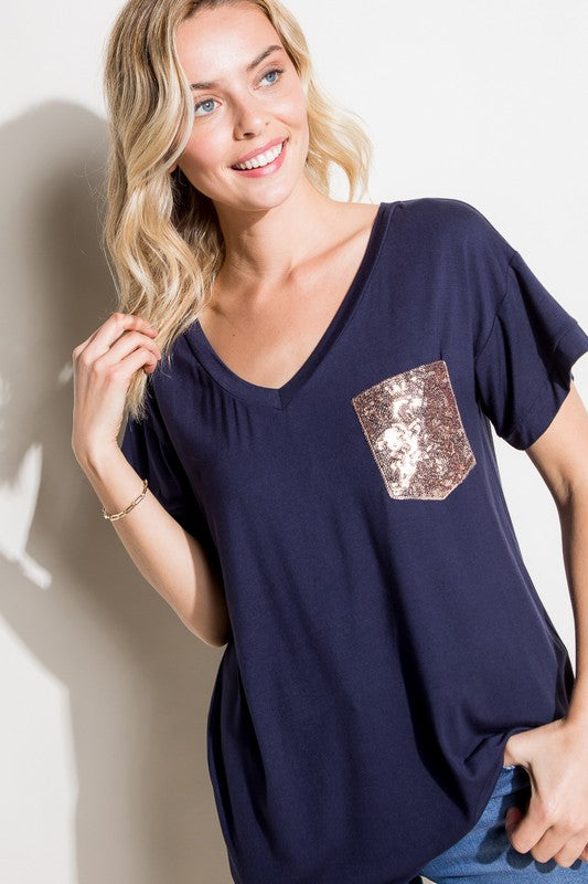 Solid Sequin Pocket Boxy Tee