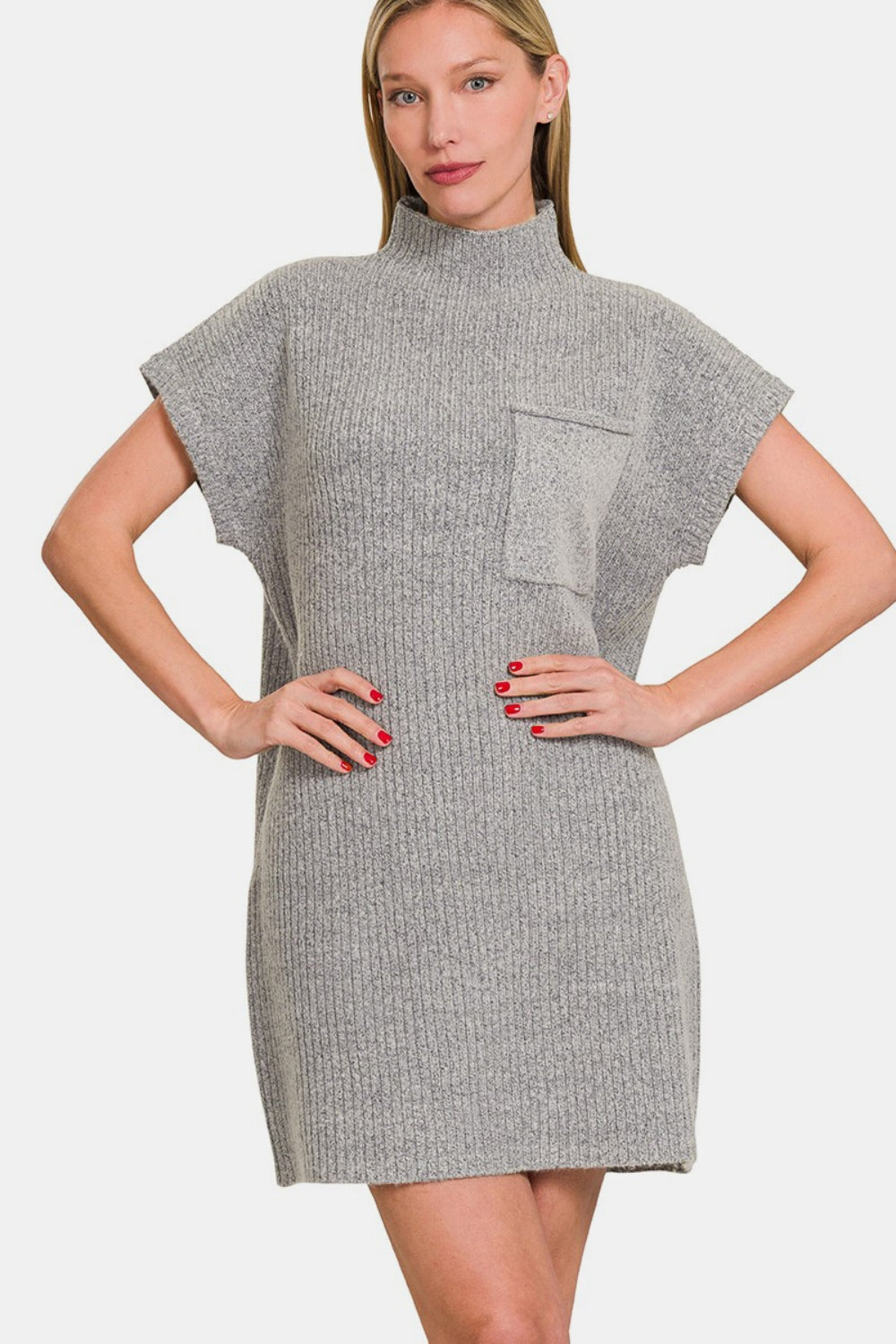 Mock Neck Short Sleeve Sweater Dress With Pocket