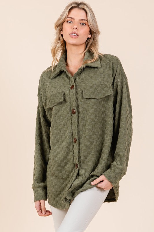 Moss Checkered Button Down Dropped Shoulder Shacket