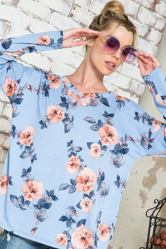 Blue Floral V-Neck Drop Shoulder Top