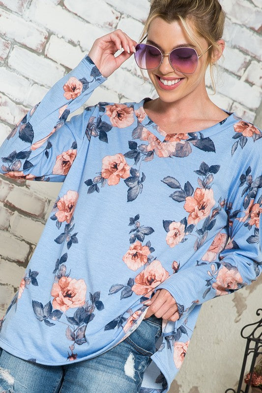 Blue Floral V-Neck Drop Shoulder Top