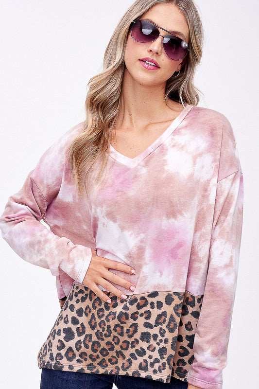 Plus Cloud Tie Dye Cheetah Mix Pullover Top