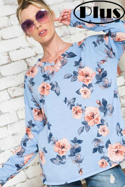 Plus Blue Floral V-Neck Drop Shoulder Top