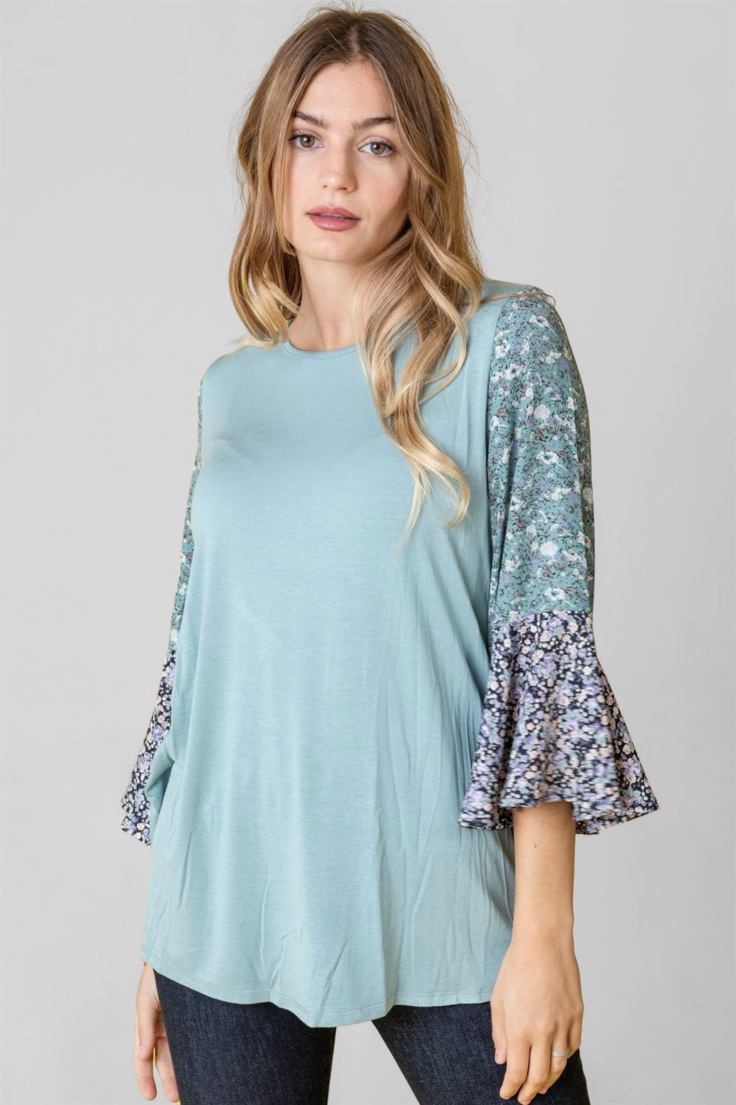 Boho Floral Ruffle Tiered Sleeve Tunic Top