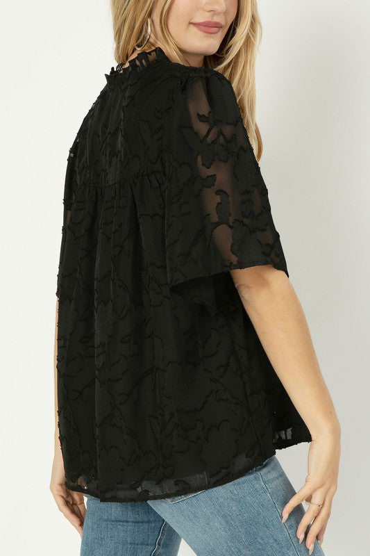 Black Jacquard Floral Button Flutter Sleeve Blouse