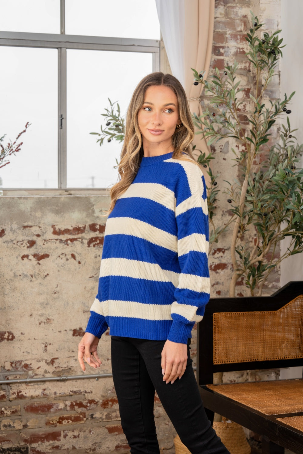 Navy & Ivory Striped Round Neck Sweater