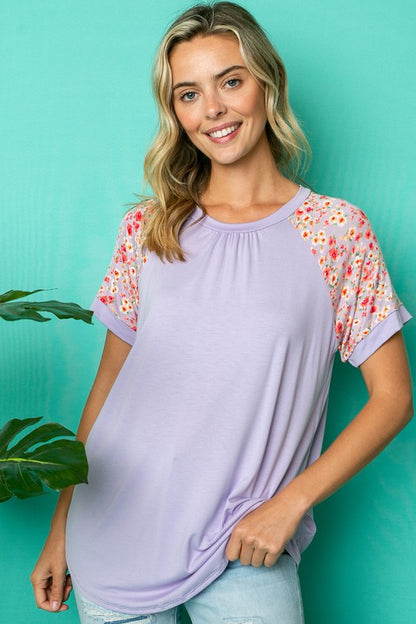 Plus Solid Floral Mixed Raglan Short Sleeve Top