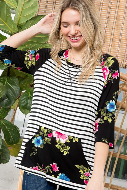 Plus Floral Stripe Kangaroo Pocket Tunic Top