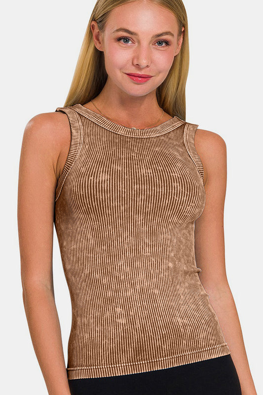 2 Way Neckline Washed Ribbed Cropped Tank Top