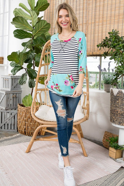 Plus Floral Stripe Kangaroo Pocket Tunic Top