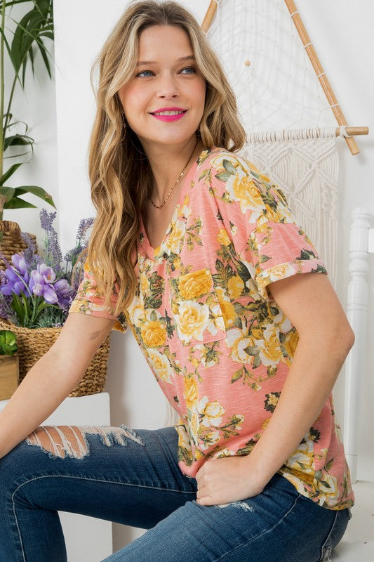 Allover Floral V-Neck Pocket Tee