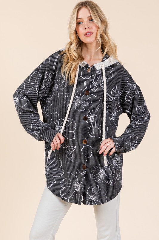 Black Flower Print Drawstring Hooded Button Up Shacket