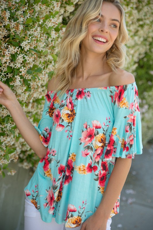 Plus Floral Off Shoulder Ruffle Sleeve Top