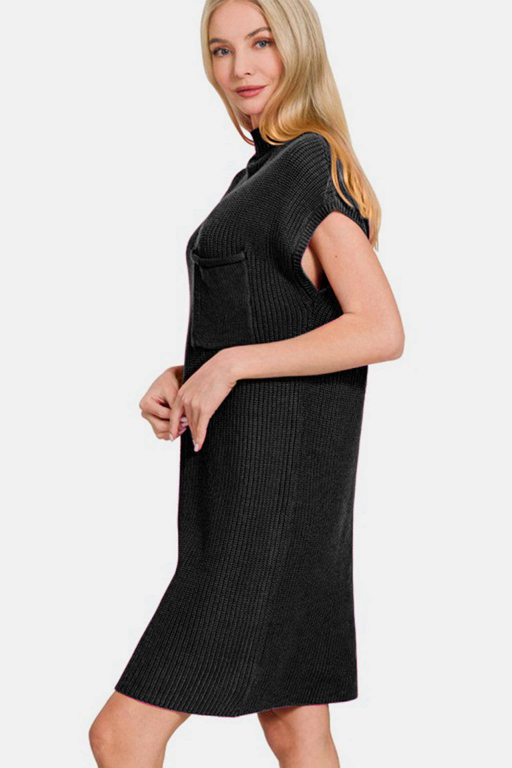 Mock Neck Short Sleeve Sweater Dress With Pocket