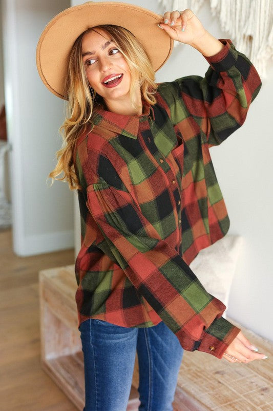 Olive & Rust Plaid Button Down Oversized Shacket