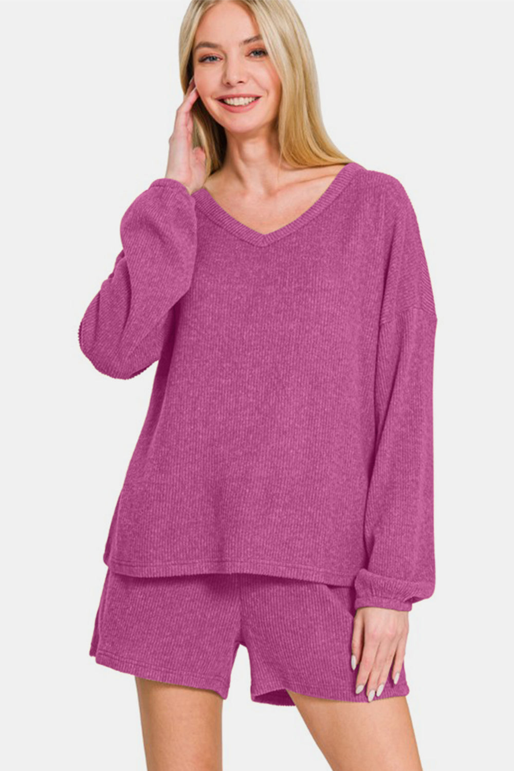 Brushed Ribbed Hacci V-Neck Long Sleeve Tee & Shorts Set