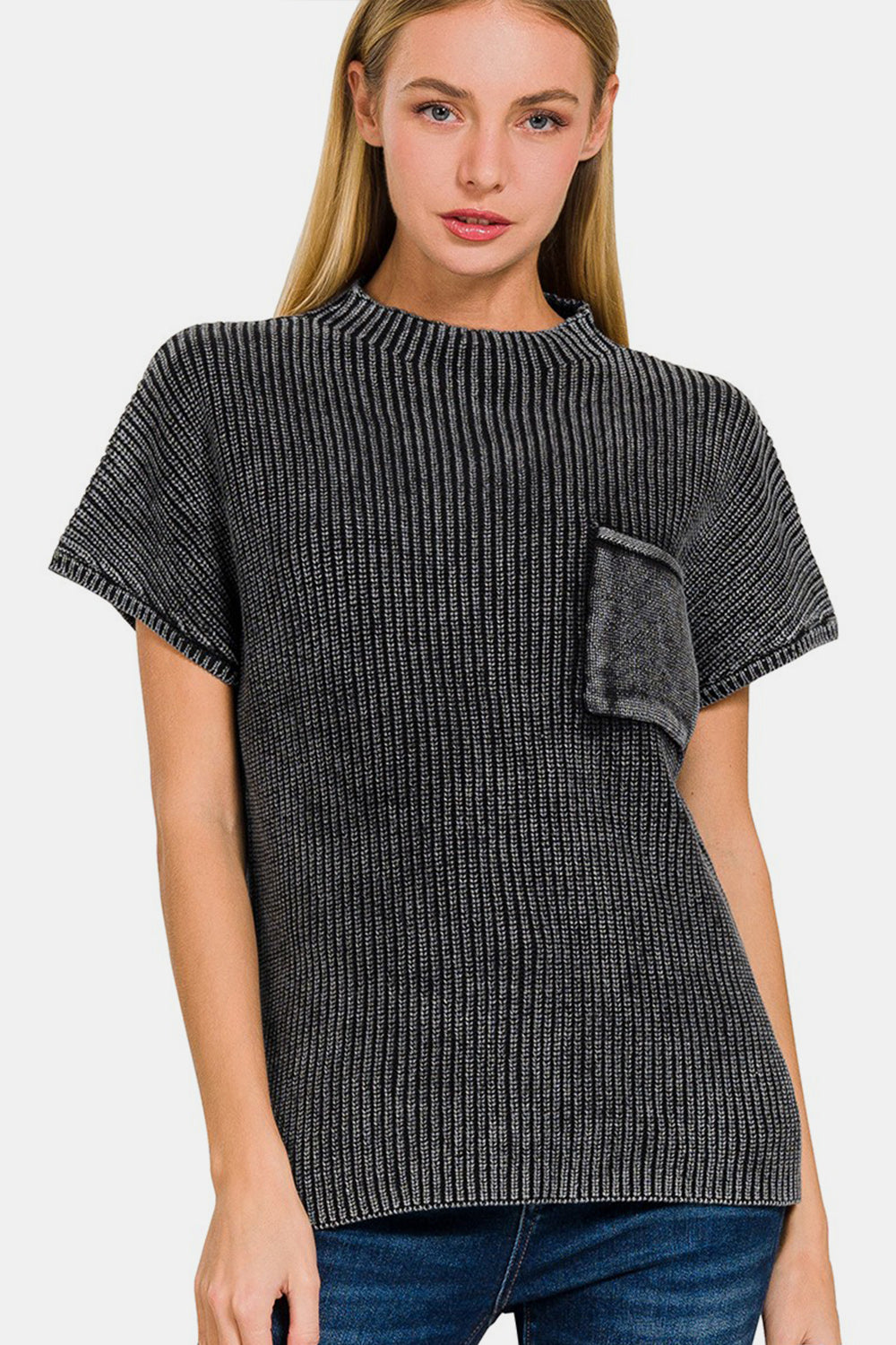 Washed Mock Neck Short Sleeve Sweater