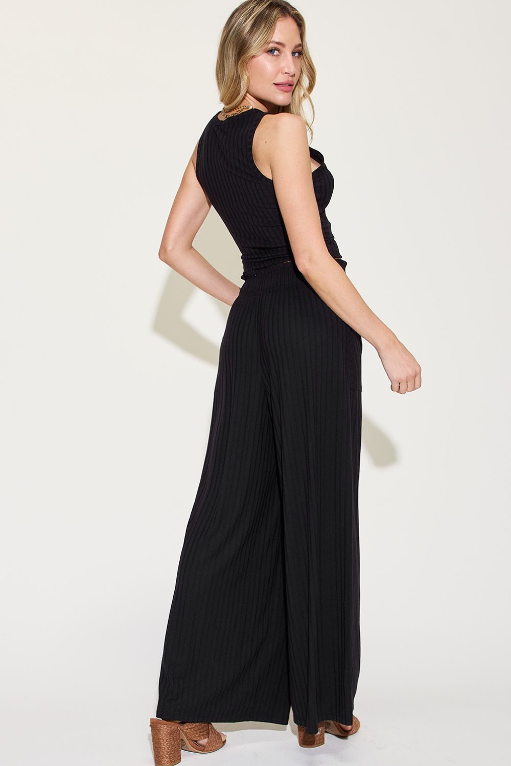 Basic Ribbed Tank and Wide Leg Pants Set